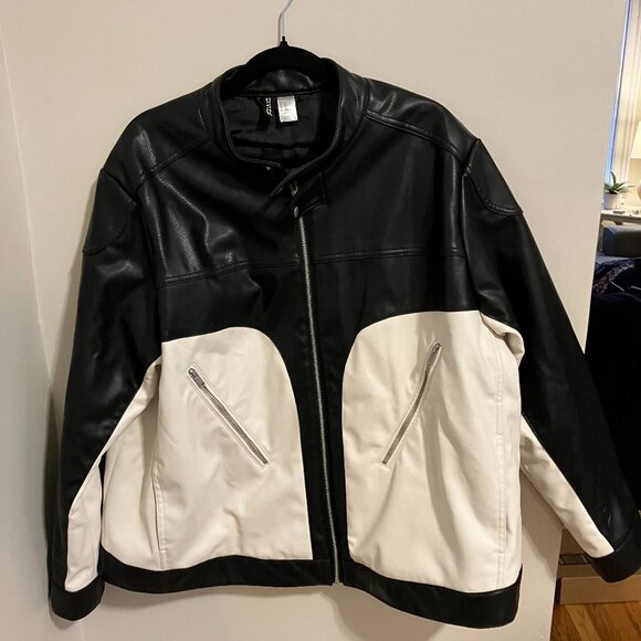 H&M Black and White Faux Leather Moto Jacket in XL - Picture 1 of 4